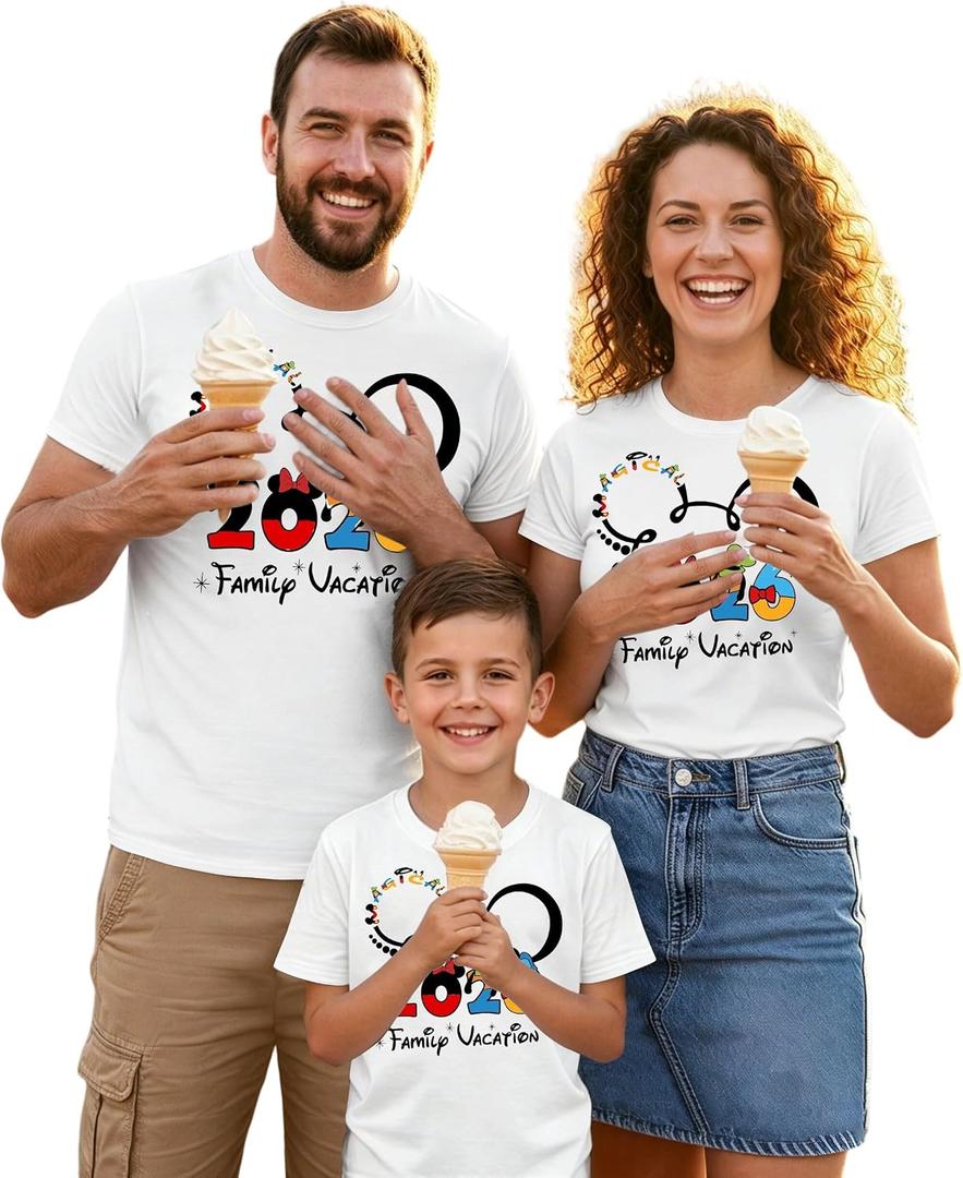 Family Vacation Matching Shirts: Magical 2026 Cartoon Graphic Shirt Family Matching Outfits Funny Summer Trip Tees Tops (White, S)