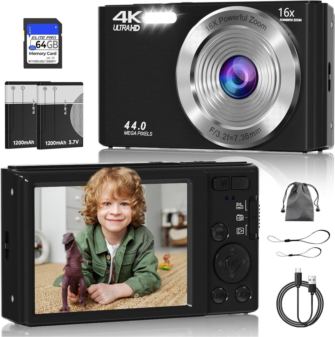 Digital Camera, FHD 4K 44MP Digital Camera, 16X Digital Zoom, Digital Point and Shoot Camera with 3-LED Fill Lights, 64GB SD Card, Compact Camera for Kids Teen Boys Girls, Black