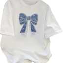 RoseSeek Women's Beaded Sequin Bowknot T Shirt Short Sleeve Crew Neck Embroidery Trendy Tee Y2k Tops White Medium (M)