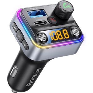 Syncwire Bluetooth 5.4 FM Transmitter Car Adapter 42W [Light Switch] [Stronger Dual-mic] [HiFi Bass Sound] [Fast Charging] Wireless FM Radio Music Adapter Hands-Free Calling Support USB Drive, Silver