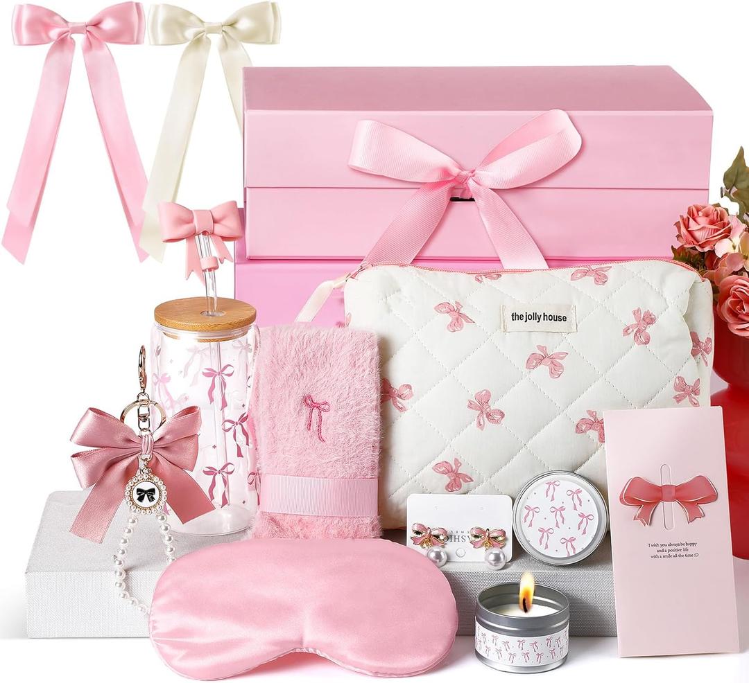 Skylety Pink Bow Gift Baskets for Teen Girls, Women Valentines Galentine's Gifts Trendy Stuff Coquette Teen Girl Birthday Box Gift for Her, Sister Friend Women Sweet 16th 18th 21st Box Set