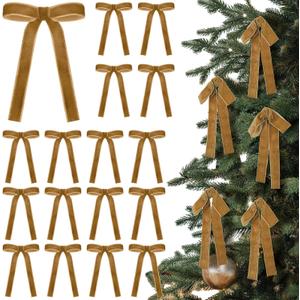 24 Pcs Velvet Bows Christmas Tree Ornaments Vintage Velvet Ribbon Bows for Tree Garland Wreath Indoor Xmas Decorations(5 x 7 Inch,Width of 1",Khaki)