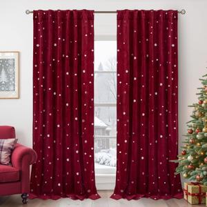 BGment Burgundy Red Velvet Curtains 96 Inches, Christmas Curtains Super Soft Thermal Insulated Blackout Back Tab and Rod Pocket Snow Silver Printed Drapes for Living Room, 2 Panels, Each 52 x 96 Inch