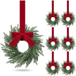 Luinabio 6 Pcs Small Christmas Norfolk Wreaths Evergreen 12.6 Inch Christmas Kitchen Cabinet Mini Wreaths Real Touch with Bow and Burgundy Ribbon for Xmas Front Door Window Home Table Pillar Decor