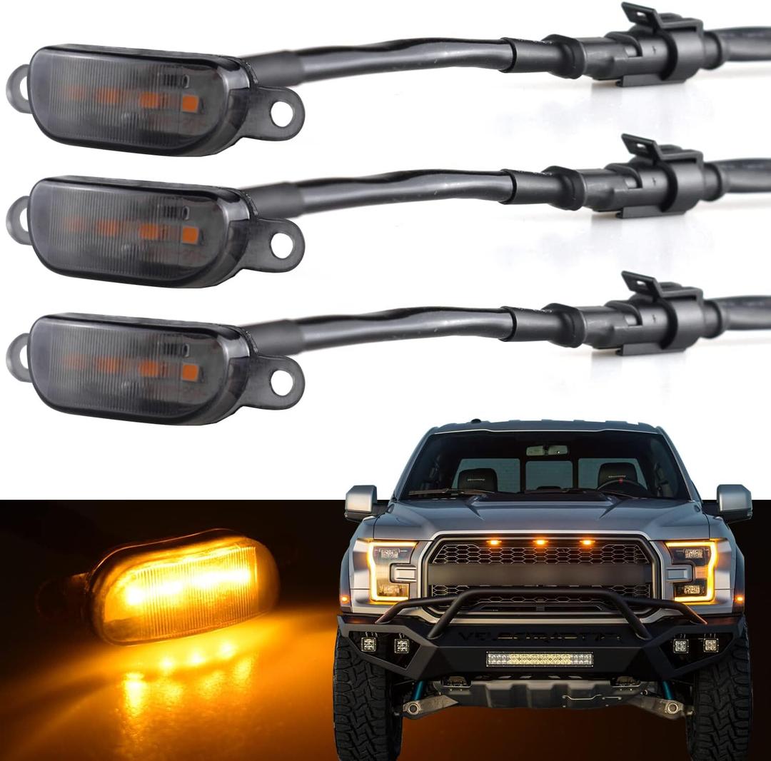 Boigoo Front Grille Light Compatible with Ford F150 Raptor 2004-2019 & Dodge Ram 1500 2013-2018 Raptor Style Aftermarket Grilles, Cars Grid Decorative Amber LED (Yellow Lights Smoked Lens) (Yellow - Smoked Lens)