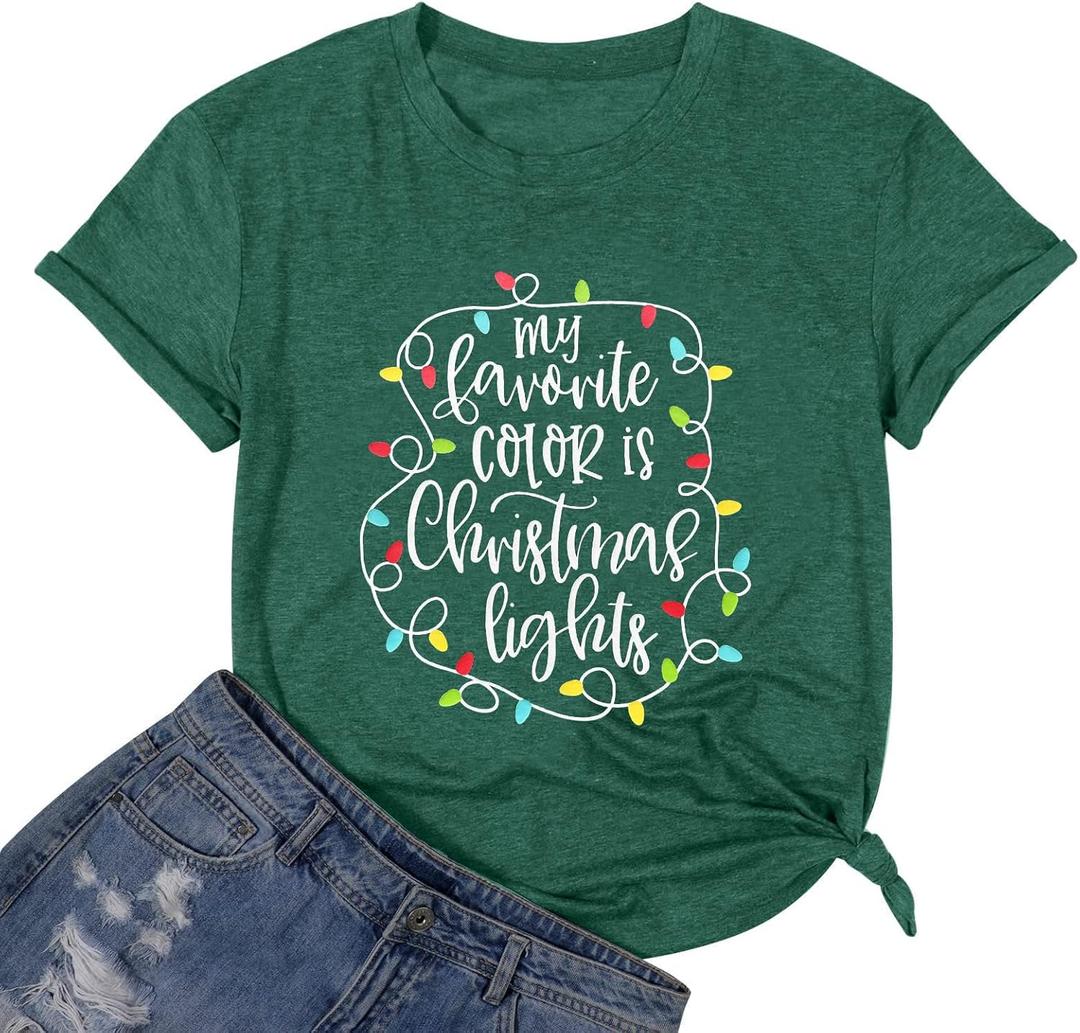 Christmas Shirts for Women 2025 Christmas Crew Shirt Xmas Lights Graphic Tshirt Holidays Short Sleeve Tops (Green)