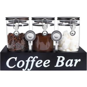 WYTAOHZL 3PCS Glass Coffee Containers with Shelf 54 oz Coffee Station Organizer Glass Bean Storage with Spoon Canister Set Jars with Airtight Locking Clamp for Bean Sugar Nuts