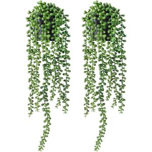 FUNARTY 2pcs Fake Plants Indoor Artificial String of Pearls Plant in Black Pots, Realistic Green Fake Hanging Plants for Shelf Decor Desk Home Garden Decorations