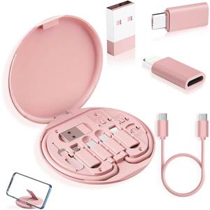 USB-C Travel Adapter Kit with Storage Box and SIM Card Holder, Lightning to C and Micro-USB to C Female, Short Cable, Fast Charge for iPhone and Android (Pink)