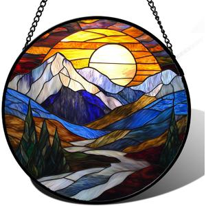 Stained Glass Window Hanging, Yellow Blue Sunset Mountains Scenery Sun Catcher for Window Home Decor Landscape Suncatcher Mother's Day Birthday Gifts for Women Men Mom and Nana 9.8 in