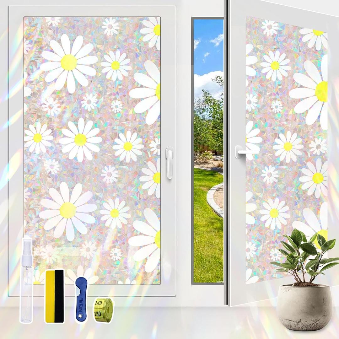 Window Film, Privacy Window Film Stained Glass Rainbow Films Decorative Static Clings Sun Blocking Window Stickers Decals Coverings Tint for Home Heat Control, Daisy Floral Pattern (35.4" X 78.7")