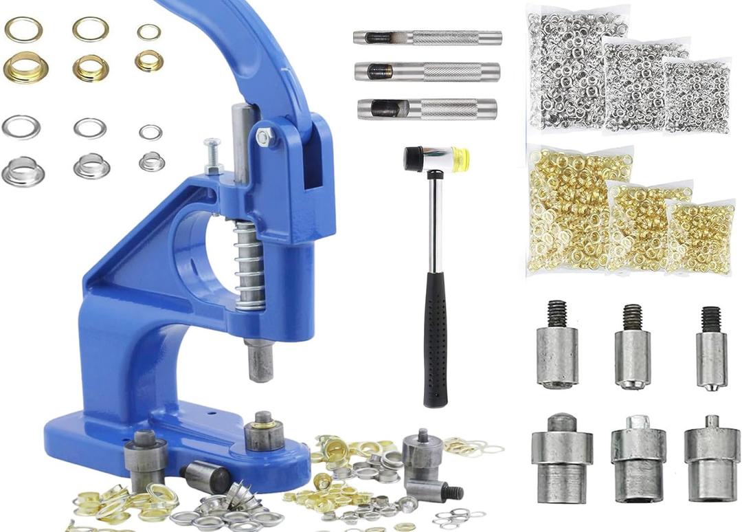 Allstarco Grommet Press Machine Kit with 3000 Grommets  Durable Starter Hand Press Tool with 3 Dies (1/4" - 6mm, 3/8" - 10mm, 15/32" - 12mm) for Canvas, Leather, Tarps, Banners, Fabric  Eyelets (Gold / Silver Grommets - 3000 Pieces)