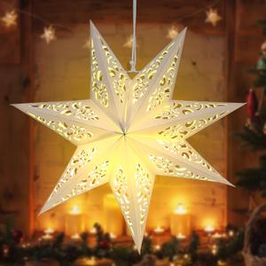 Kingdder Star Paper Lanterns Lampshade with LED Light 7 Pointed Moroccan Hollow out Stars Party Decoration for Weddings Christmas Tree Birthday, 20 Inches(Warm Yellow)