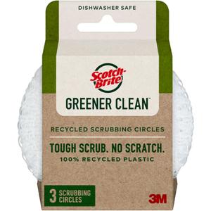 Scotch-Brite Greener Clean Recycled Scrubbing Circles, 3 Dish Scrubbers for Cleaning Kitchen & Scrubbing Fruits or Veggies, Safe on Nonstick Pots and Pans, Glassware, Dishwasher Safe
