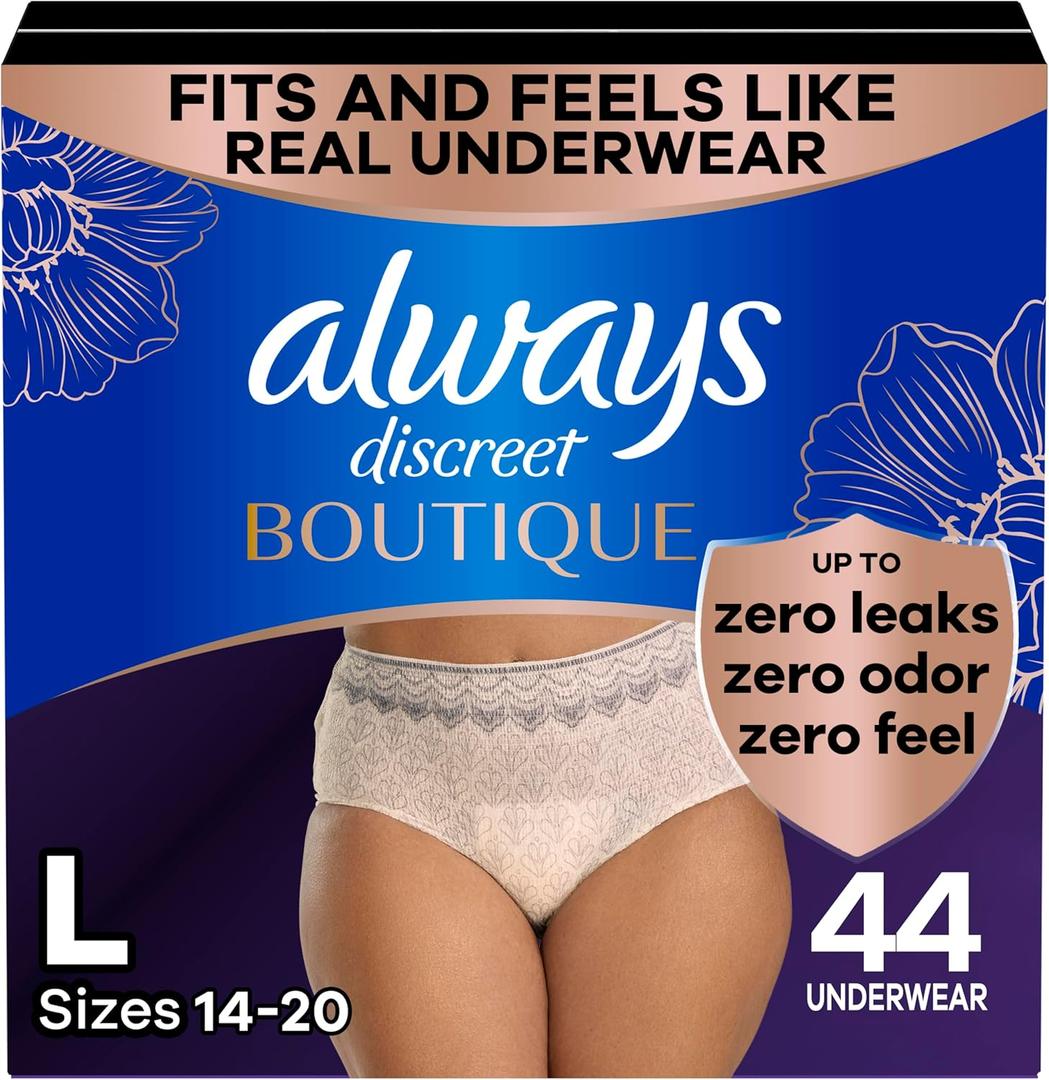 Always Discreet Adult Incontinence & Postpartum Underwear For Women, Size Large Maximum Absorbency, Disposable, 22 x 2 Packs (44 Count total) (Packaging May Vary)