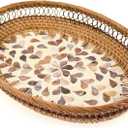 Oval Rattan Tray with Mother of Pearl Inlay, Handmade Fruit/Coffee/Bread Serving Basket with Wicker Border, Boho Home Decor Woven Bowl for Table Party Picnic Office Gift (Leaf Apricot)