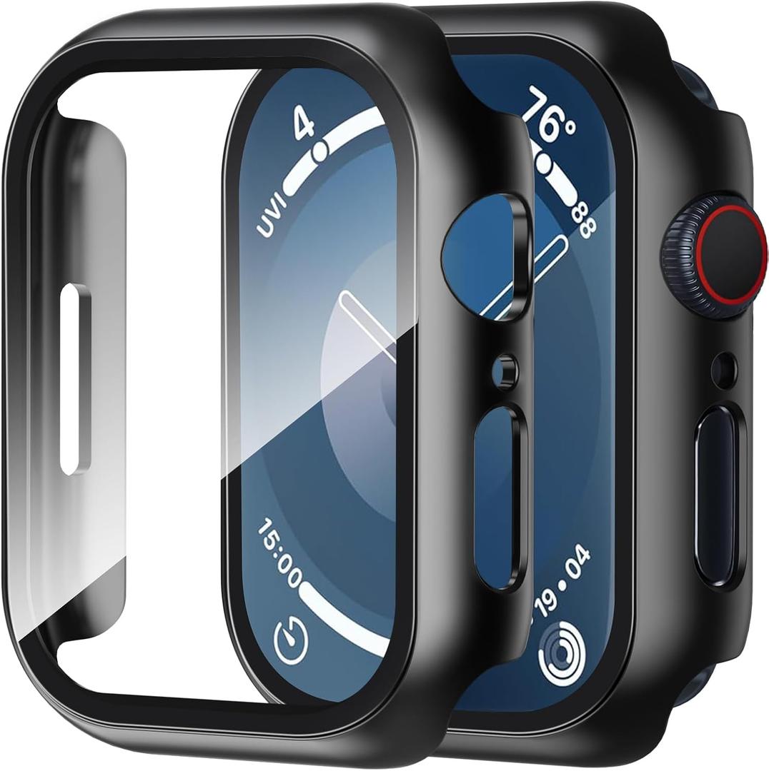 Smiling 2 Pack Case Compatible with Apple Watch Series 9/8 /7 41mm with Tempered Glass Screen Protector, Hard PC Case Overall Protective Cover- Black