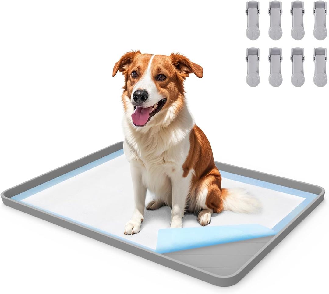 Pee Pad Holder for Dog, 22"  34" Puppy Pad Holder with Clamps, Raised Edges Leak-Proof Dog Pee Pads Holders, Waterproof Silicone Potty Pads for Dogs, Easy to Clean Indoor, Light Gray
