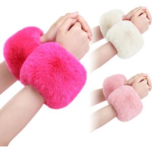 SATINIOR 3 Pairs Faux Fur Short Wrist Cuff Winter Fuzzy Wrist Cuff Warmers for Women Girls Favors (White,pink,rose Red)