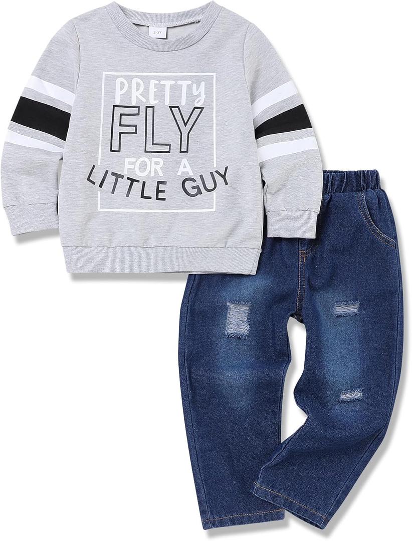 Oklady Toddler Boy Clothes Colorblock Long Sleeve Letter Sweatshirts Top and Ripped Jeans Pants Boys Fall Winter Outfits (3-4T, Grey)