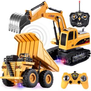 JOYIN 2 PCS Remote Control Construction Vehicle Toy Set, Friction-Powered RC Excavator & RC Dump Truck with Lights and Sounds for Imaginative Play, Christmas Birthday Gifts for Toddlers Boys Girls