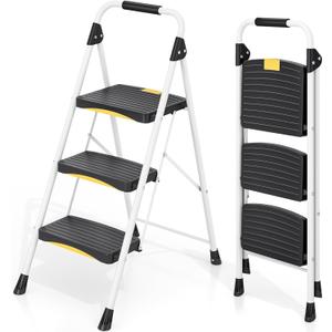 3 Step Ladder, Folding Steel Step Stool with Safety Lock, Anti-Slip Wide Pedals, Pass 800lbs Load Testing, Handrail, Heavy Duty Portable Ladder for Multi-Purpose, Indoor, Office, Kitchen (Black&white)