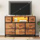 DUMOS TV Stand Dresser with 8 Fabric Drawers and Open Shelves, LED Entertainment Center with Charging Station, Wood Top Media Console for 45-55 inch, Bedroom, Rustic Brown