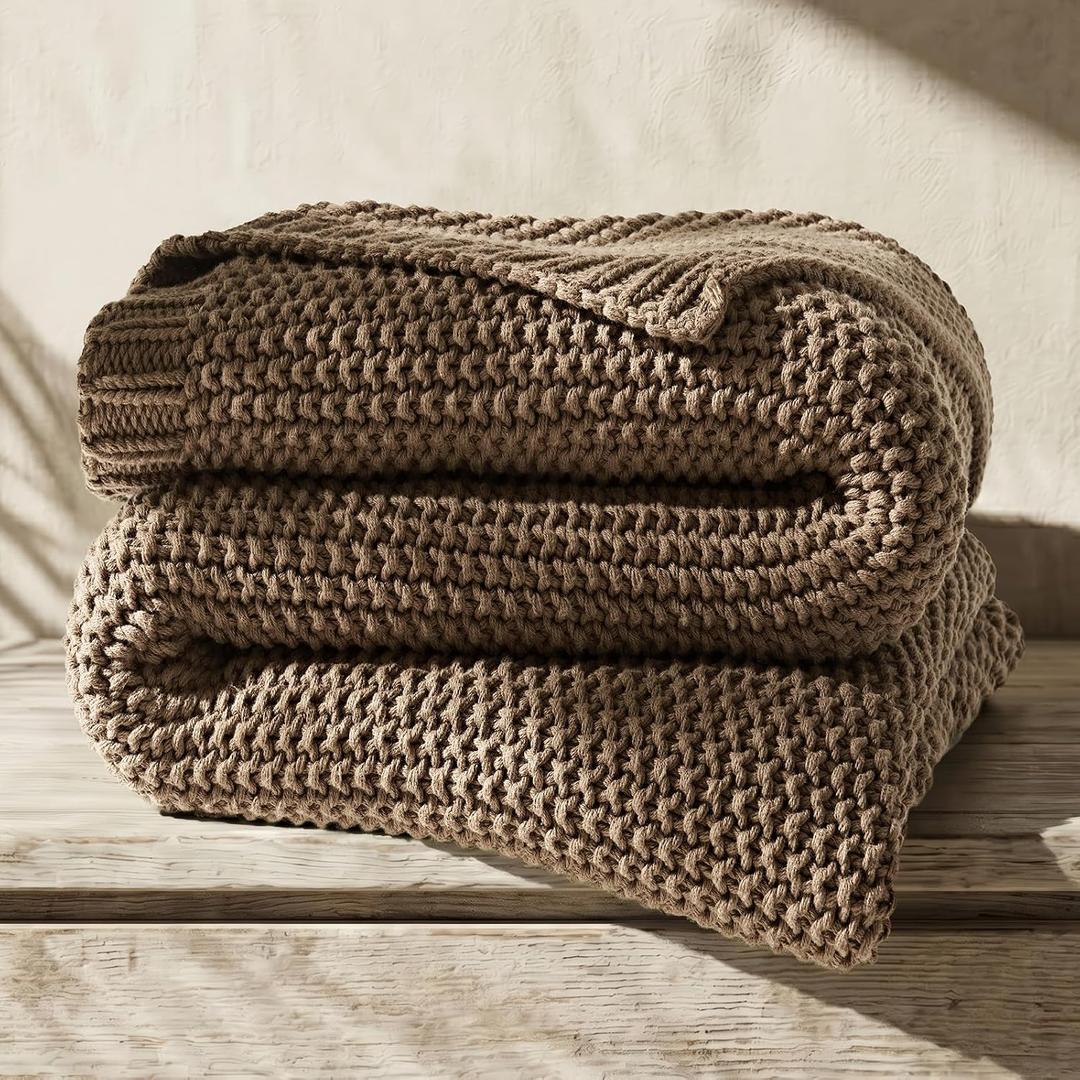EverGrace Organic Cotton Chunky Knit Throw Blanket, 60 x 80 Stone Taupe, Twin