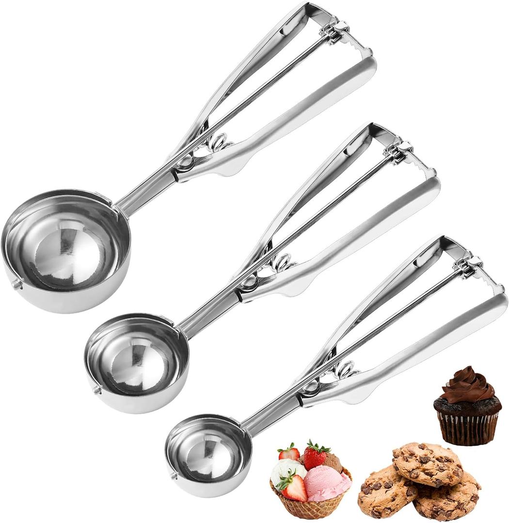 Cookie Scoop, Set of 3 Cookie Dough Scoops for Baking 1 Tbsp,2 Tbsp,3 Tbsp, Stainless Steel Ice Cream Scooper with Trigger Release for Cupcake, Ice Cream, Muffin, Meatball, Melonball
