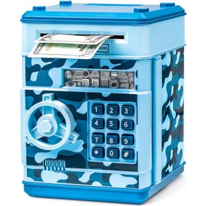 ATM Piggy Bank for Boys Girls, Vcertcpl Mini ATM Coin Bank Money Saving Box with Password, Kids Safe Money Jar for Adults with Auto Grab Bill Slot, Great Gift Toy Bank for Kids (Camouflage Light Blue)