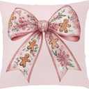 Coquette Preppy Pink Christmas Gingerbread Bow Decor Pillow Covers 18x18,Girly Pink Floral Christmas Xmas Decorative Throw Pillow Covers for Girls Room Dorm Home