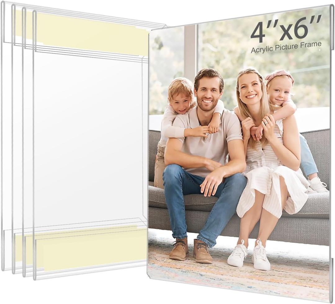 4x6 Acrylic Picture Frame, Clear Frameless Photo Frame for Wall Mount, No Drilling Picture Frames with Tape, Pack of 5 Floating Hanging Picture Frames for Home, School, Office