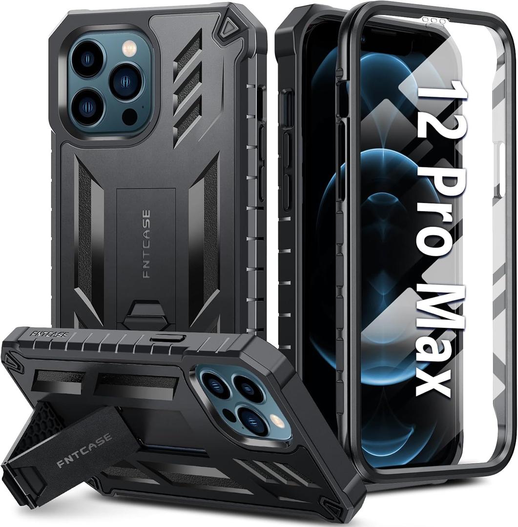 FNTCASE for iPhone 12-Pro-Max Phone Case: Military Grade Drop Proof Protection Mobile Cover with Kickstand | Matte Textured Rugged Shockproof TPU | Protective Sturdy Cases - Black