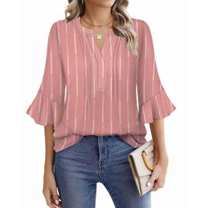 Casual Tops for Women Floral Print V Neck Blouse 3/4 Ruffle Sleeve Relaxed Everyday Outfit Spring Summer Daily Style 2026 Stripe Pink, Small