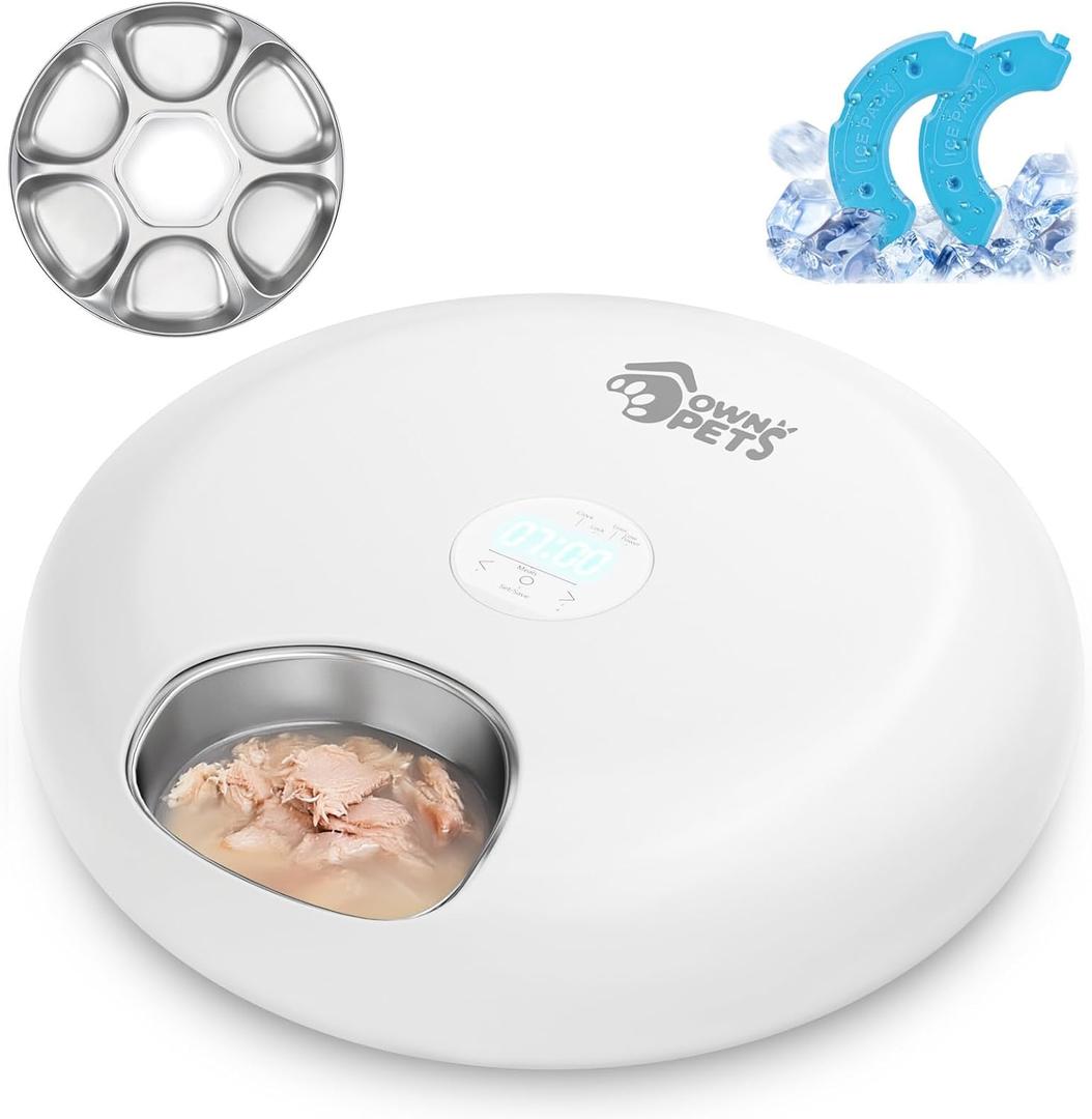 Ownpets Automatic Cat Feeder for Wet Food, with Stainless Steel Tray, 6 Meals Rechargeable Auto Pet Feeder with 2 Ice Packs, Cat Food Dispenser for Cats Small Dogs (White)