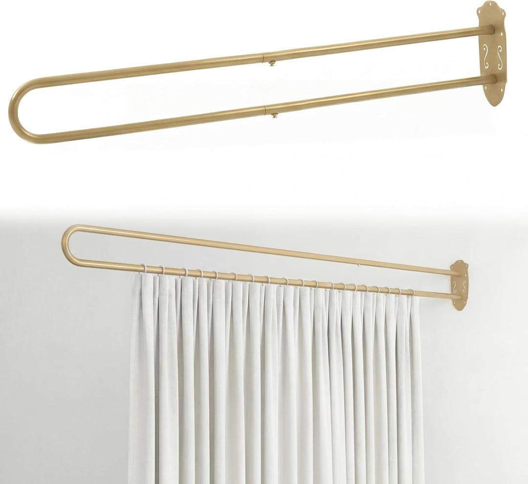 Zonon U Shape Room Divider Rod 6.56 ft, Metal Support Wall Mounted Privacy Partition Curtain Rod for Fitting Room Beauty Salon Bedroom Spa Shower(Gold)