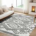 Syalife Boho Area Rug, Non Shedding 6x9 Washable Rug with Non Slip Backing, White and Black Modern Geometric Carpet, Indoor Bohemian Thin Mat for Living Room Entryway Bedroom Kitchen - White, Black