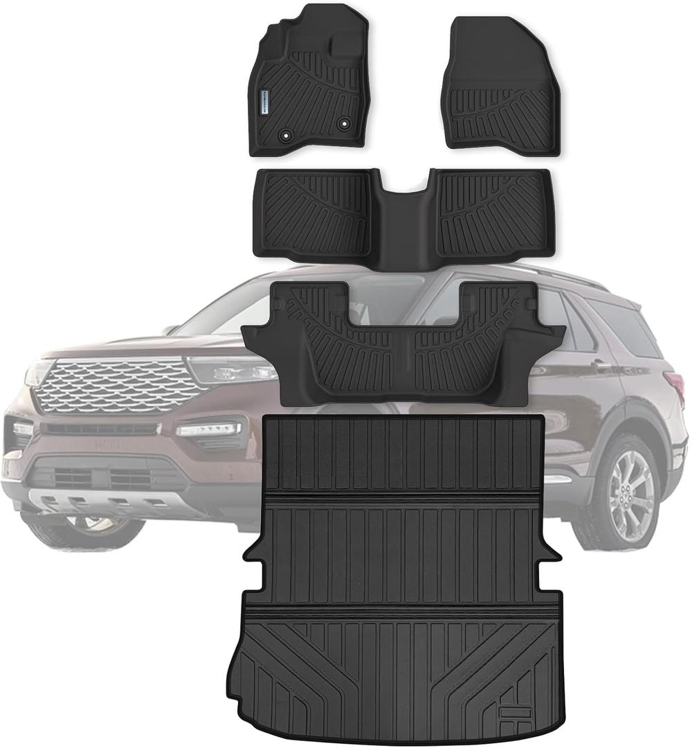 Floor Mats & Large Trunk Mat for 2015-2017 2018 2019 Ford ExplorerTPE All Weather Protection Car Floor Liners with Foldable Big Cargo Liners Accessories