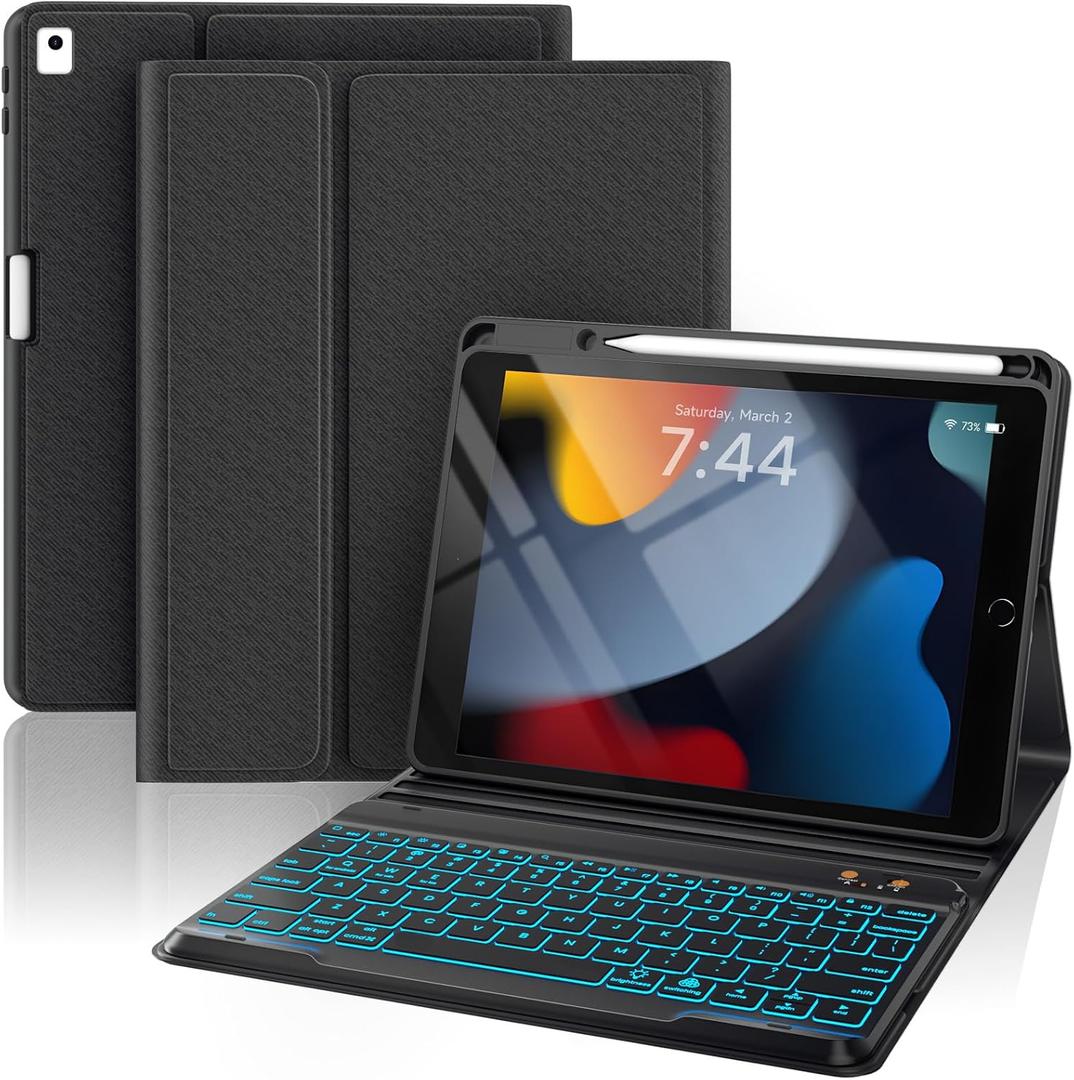 Keyboard Case for iPad 9th Generation-10.2 inch - 7 Colors Backlit Wireless Detachable Folio Keyboard Cover with Upper Pencil Holder for iPad 8th/7th Gen/iPad Pro 10.5"/iPad Air 3rd Gen - Black