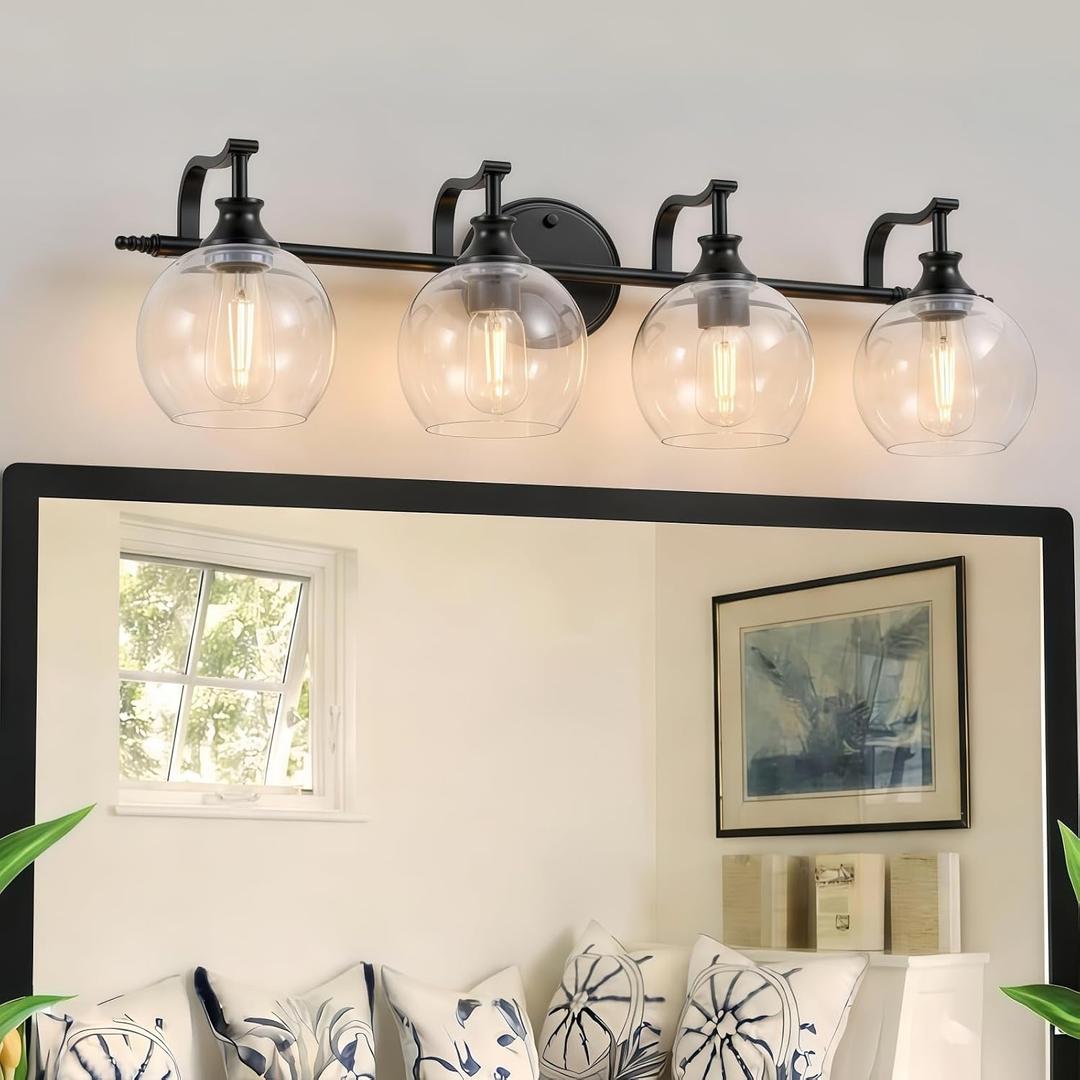 ANDY STAR 4 Light Bathroom Vanity Lights, Matte Black Bathroom Light with Clear Globe Glass Lampshade, 30.5 Inch Industrial Wall Lamp, E26 Base, Bulbs Not Included