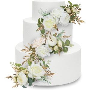 Rinlong 3Pcs Pre-made Cake Toppers Flowers Cake Decorations Wedding Cake Decorating Flowers Decor Christening Birthday Baptism Baby Shower Party Cake Topper Flower Arrangements White Gold