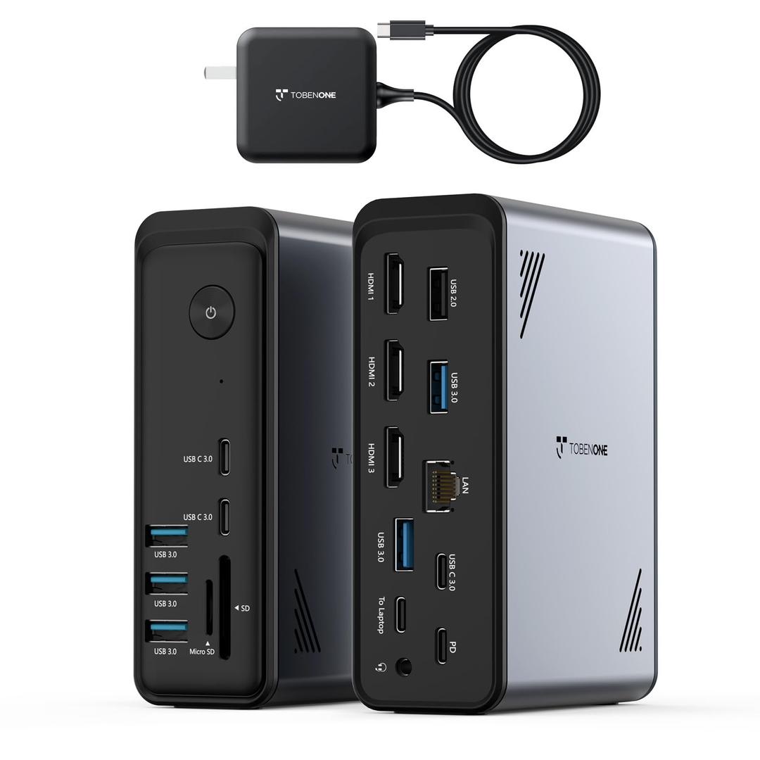 TobenONE 18 in 1 USB C Docking Station 3 Monitors 4K@60Hz, Laptop Docking Station with 100W Power Adapter, Triple Monitors with 3 HDMI, 9 USB Ports, Gigabit Ethernet, for Windows and Chrome OS