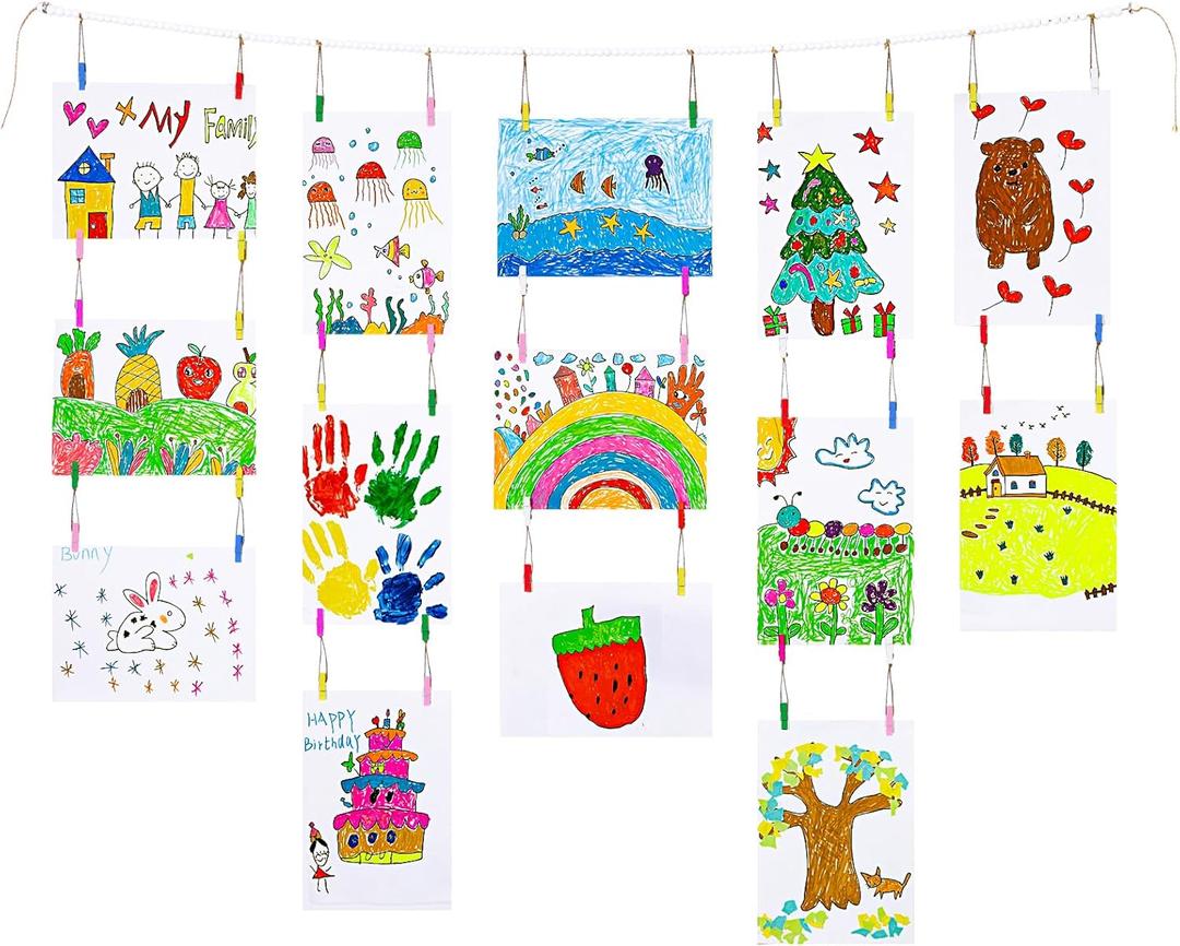 KLOGTSIND Kids Art Display Wall Decor, Wooden Beads Garland Frame Holder with 34 Clips for kids artwork, Photo, Wall Hanging Boho Room Bedroom Decor (Multicolor)