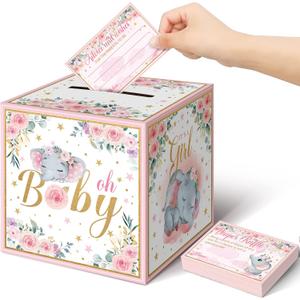 Kisston 51 Pcs Elephant Diaper Raffle Box for Baby Shower with Tickets Pink Diaper Raffle Box Elephant Card Sign Gifts for Floral Gender Reveal Party Favor
