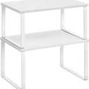 SONGMICS Cabinet Organizer Shelf, Set of 2 Kitchen Counter Shelves, Kitchen Storage, Spice Rack, Stackable, Expandable, Metal and Engineered Wood, Cloud White and Snow White UKCS02W01