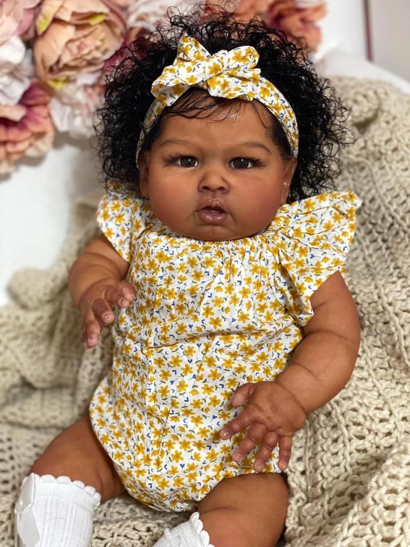 Reborn Toddler Dolls Black Girl 24 Inch Lifelike Black Reborn Baby Doll with Curly Hair Realistic Toddler Dolls Girl Weighted Real Life Reborn Doll Toys with Accessories Birthday Gift for Kids