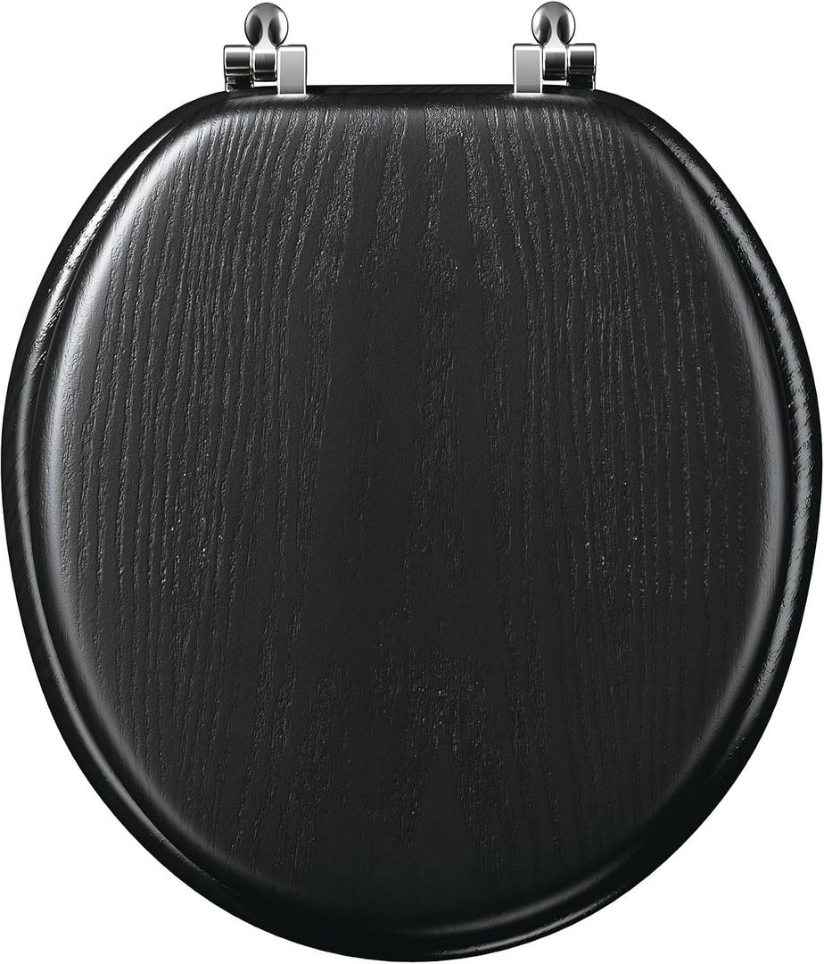 Round Wood Toilet Seat Support 400 lbs, Heavy Duty Toilet Seat with Wood Veneer for Home Bathroom, Wooden Black Toilet Lid with Chrome Hinges, Grip-Tight Bumpers, Easy Clean, Easy Install