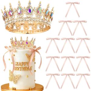 19Pcs Gold Crown Cake Topper Queen Crown Tiara for Princess Birthday Party Decor Gold Bows Crowns for Cake Decorations Queen Themed Wedding Party Supplies