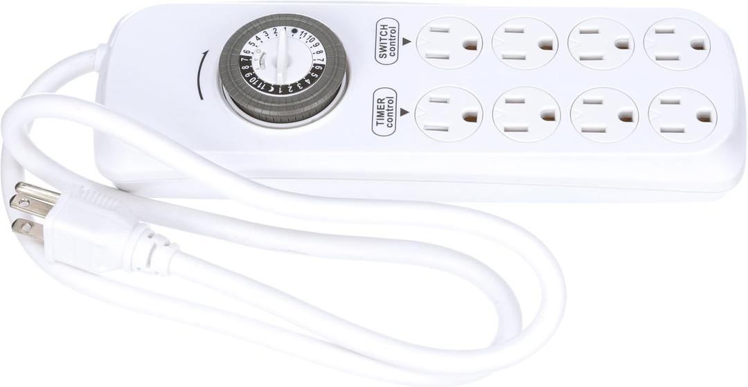 Southwire Woods Indoor 8-Outlet Power Strip Timer - Power Strip with Built-In Mechanical Timer - Programmable Outlet Strip - Grounded Outlets - Daily Power Control - White