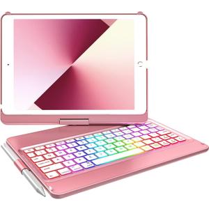 MMK Keyboard Case Compatible with iPad 10.2 inch 9th Gen 2021,for iPad 8th Generation 2020, 7 Color Backlit 360 Rotatable Wireless Detachable Bluetooth Keyboard Cover Tablet Case (Rose Gold)